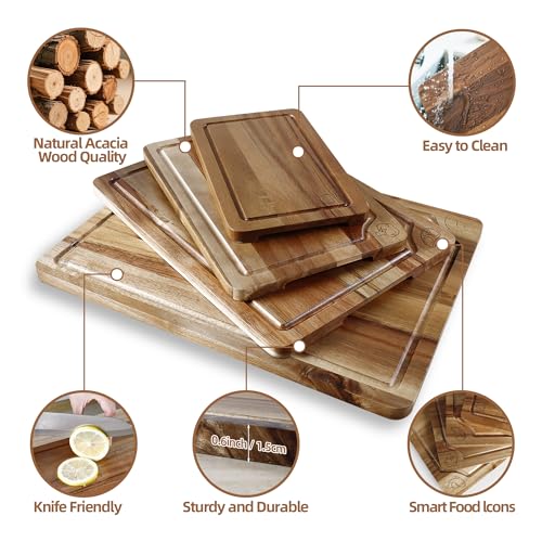 Wood Cutting Board Set of 4, Wooden Chopping Boards with Food Icons for Kitchen, Charcuterie Board for Meat, Vegetables, Fruits, Cheese
