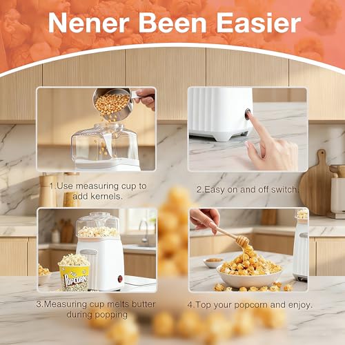 Hot Air Popcorn Maker, 1200W No Oil No Preheat Air Popcorn Popper, 2 Minutes Fast Heating Electric Popcorn Machine with Precision Measuring Cup, Easy to Clean Compact for Home Movie Night Party Office