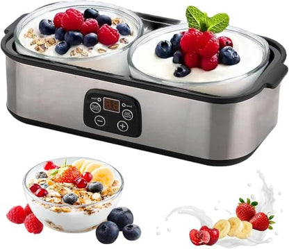 2L Probiotic Yogurt Maker with Two 1L Glass Containers for Larger Batches Yogurt Maker with Adjustable Time & Temp Control Probiotics Stainless Steel Yogurt Making Machine for Homemade Yogurt Dessert