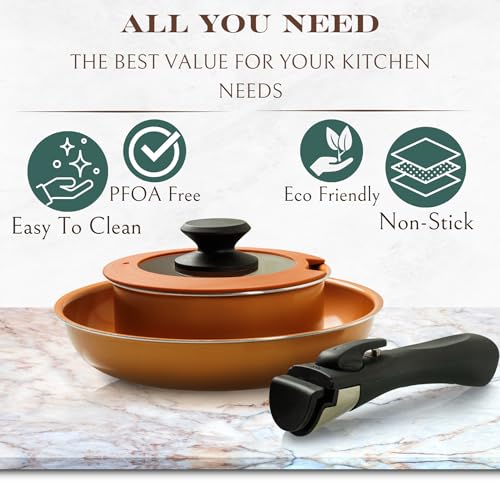 Moss & Stone Copper Pots And Pans Set Nonstick, Removable Handle Cookware, Stackable Pots And Pans Set, Dishwasher safe, Induction Pots And Pans, Camping Cookware Set, Aluminum (7 Pcs)