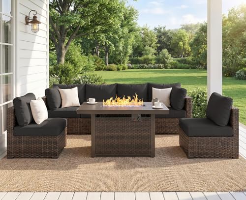 gaildon 7 Piece Outdoor Patio Furniture Set with 42" Fire Pit, Wicker Furniture Sectional Conversation Sofa Set with Comfortable Cushions, Black