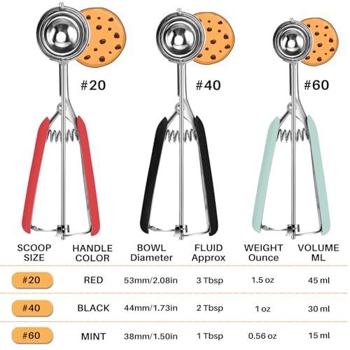 JUNADAEL J Cookie Scoop Set, Cookie Scoops for Baking Set of 3, Cookie Dough Scoop, 1 Tablespoon/ 2 Tablespoon/ 3 Tablespoon, Red/Black/Mint Handle, For Cookie Cupcake Muffin Ice Cream Truffles