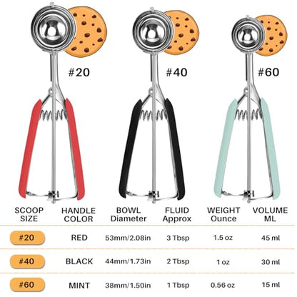JUNADAEL J Cookie Scoop Set, Cookie Scoops for Baking Set of 3, Cookie Dough Scoop, 1 Tablespoon/ 2 Tablespoon/ 3 Tablespoon, Red/Black/Mint Handle, For Cookie Cupcake Muffin Ice Cream Truffles