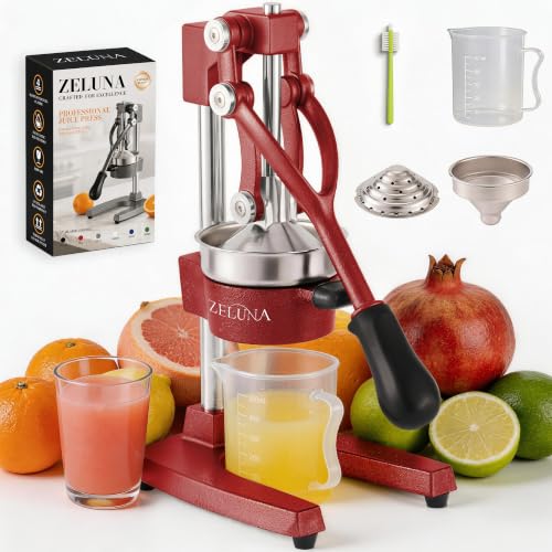 Zeluna Cast Iron Manual Hand Press Juicer for Citrus & Pomegranate,Deep Red