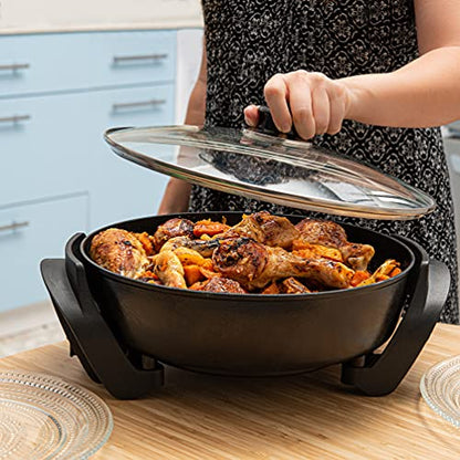 Moss & Stone Round Electric Skillet with Lid – 12x12 Inch Aluminum Nonstick Electric Frying Pan 5Qt, Adjustable Temperature Control, Vented Glass Lid, Dishwasher Safe, Heat-Resistant Handles