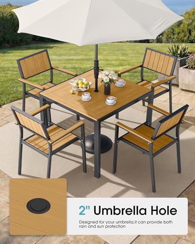 Aluminum Outdoor Dining Set, Patio Square Table and Stackable Chairs, Teak