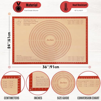 Silicone Pastry Mat 36x24 Inch Extra Large Baking Mat with Measurements, Nonstick Kitchen Counter Mats for Dough, Pastry, Dough Rolling, Kneading Board, Pie Crust, Fondant, Bread, Pasta, Pizza