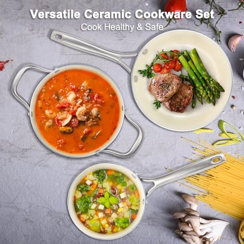M MELENTA Pots and Pans Set, 7 Piece Nonstick Ceramic Cookware Set, Kitchen Induction Cookware Sets, Pots and Pans Non Stick with Oven Safe Handle, 100% PFOA Free, Blue