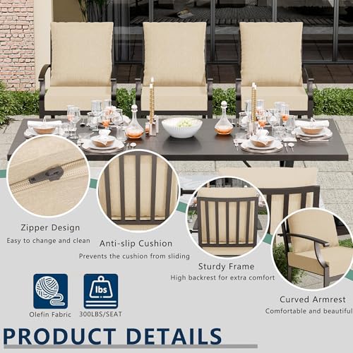 ASJMR 7 Piece Outdoor Dining Set for 6, Metal Patio Table and Chairs with Cushions, Patio Furniture Set with 2 Swivel Chairs, Rectangular Patio Dining Table with Umbrella Hole, Lawn Deck, Yard-Sand