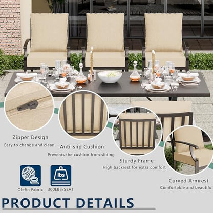 ASJMR 7 Piece Outdoor Dining Set for 6, Metal Patio Table and Chairs with Cushions, Patio Furniture Set with 2 Swivel Chairs, Rectangular Patio Dining Table with Umbrella Hole, Lawn Deck, Yard-Sand