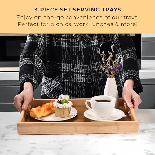 Prosumers Choice Wooden Tray - Light Brown Serving Trays with Handles - Nesting Design for Space Saving - Wooden Serving Tray for Food, Drinks, Snacks - Set of 3