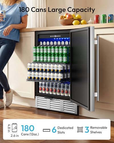 EUHOMY 24 Inch Beverage Refrigerator, Undercounter Beverage Fridge 180 Can with Stainless Steel Door for Home Patio, Beverage Cooler Built-in or Freestanding, outdoor refrigerator for Soda Beer Wine
