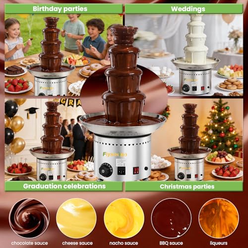 Flyseago Commercial Chocolate Fountain| 4 Tiers 11 lb Capacity| Large Hot Chocolate Fondue Tower| Stainless Steel Chocolate Melting Heating Machine for Nacho Cheese, Liqueurs, Party, Wedding