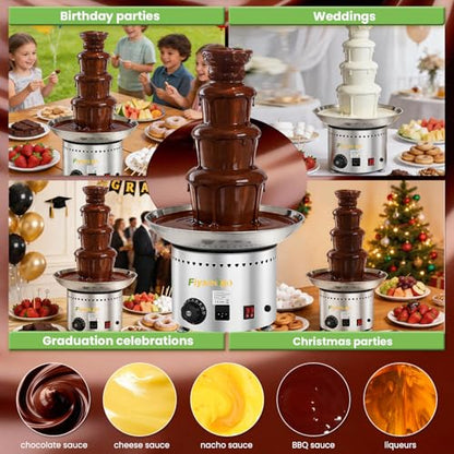 Flyseago Commercial Chocolate Fountain| 4 Tiers 11 lb Capacity| Large Hot Chocolate Fondue Tower| Stainless Steel Chocolate Melting Heating Machine for Nacho Cheese, Liqueurs, Party, Wedding