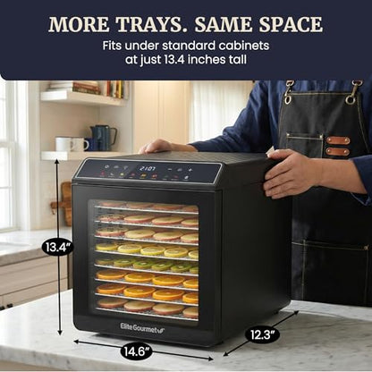 Elite Gourmet 10-Tray Food Dehydrator Machine, Digital Temp & Timer (95–167°F), Stainless Steel Trays, Jerky Maker, Fruit & Herb Dryer, Yogurt Maker, 48 Hour Timer, Mesh & Fruit Roll Trays, Black