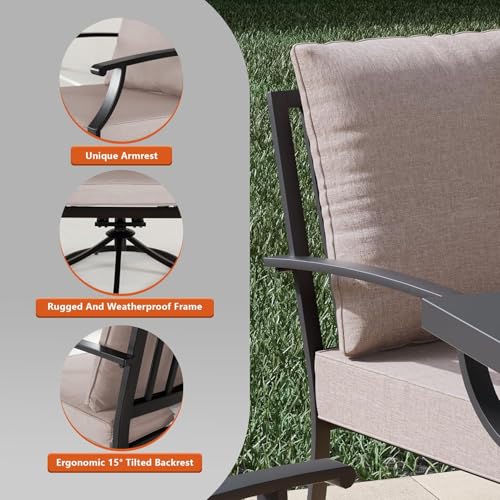Kullavik 7 Pieces Outdoor Dining Set,Patio Dining Table and Chairs Set for 6,Fence Pattern Back Chairs with Thickened Cushions & Rectangular Metal Dining Table with Umbrella Hole for Patio,Sand
