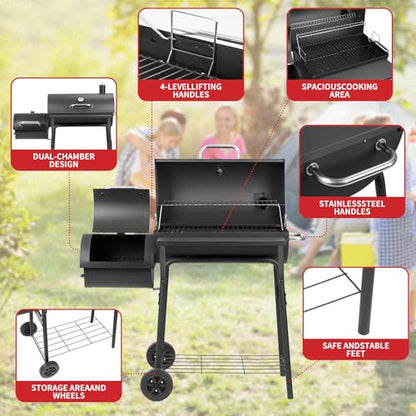 Kendane Barrel Charcoal Grill with offset smoker,550 Square Inches Cooking Area, Outdoor BBQ Grill with Front Shelf, Perfect for Backyard, Patio Parties and Picnics.