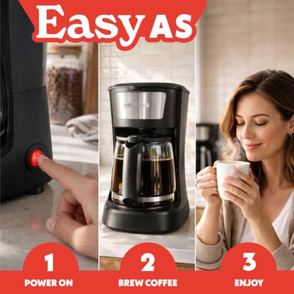 Gourmia 12 Cup One-Touch Coffee Maker – Pause and Serve with Automatic Keep Warm, Easy View Water Window, Compact Design, Stainless Steel Accents, Black