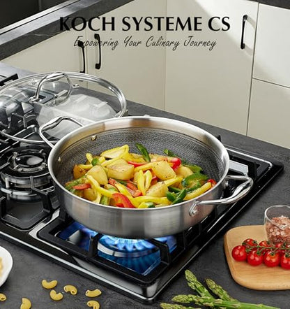 KOCH SYSTEME CS Triply Stainless Steel Saute Pan 12 Inch, Nonstick Hybird Stainless Steel Saute Pan with Lid, 6 Quart Deep Frying Pan with Honeycomb Interior, 18/10 Steel Pans, Induction Compatible