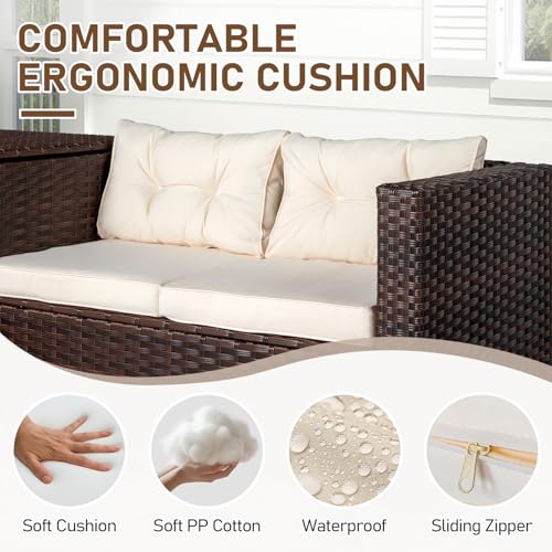 VINGLI 4 Pieces Outdoor Sectional Wicker Patio Furniture with Storage, Patio Sectional Sofa Outdoor Couch Conversation Set, Glass Top Coffee Table for Backyard, Pool, Garden(Brown)