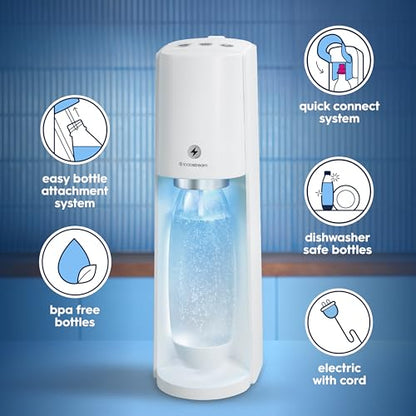 SodaStream - E-TERRA Soda Maker | STARTER KIT | 3 Automatic Carbonation Levels | Includes 1x CO2 Cylinder, 1x 32 Fl Oz Dishwasher Safe Bottle, 1x Pepsi Zero Sugar Mix, 1x Power Adapter | White