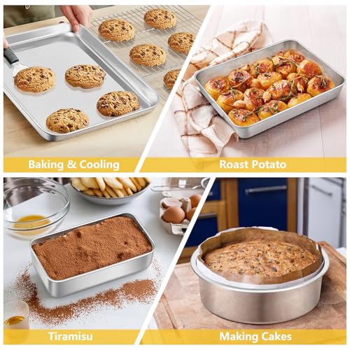 9 Pcs Bakeware Set, P&P CHEF Stainless Steel Kitchen Bakeware Pans, Including Toaster Oven Pan/Cooling Rack/Lasagna Pan/Round Cake Pans/Muffin/Loaf/Pizza Pan, Healthy & Durable, Dishwasher Safe