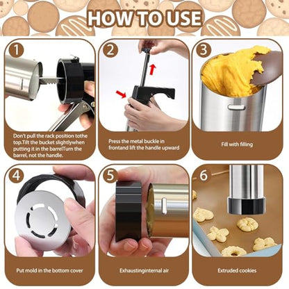 CEANZO Cookie Maker, Churros Maker, Spritz Cookies Press Gun 3 in 1 for Baking with 13 Cookie Discs, 3 Churros Discs and 8 Piping Tips Stainless Steel Easy Clean Cookies Decorating Kit for Christmas