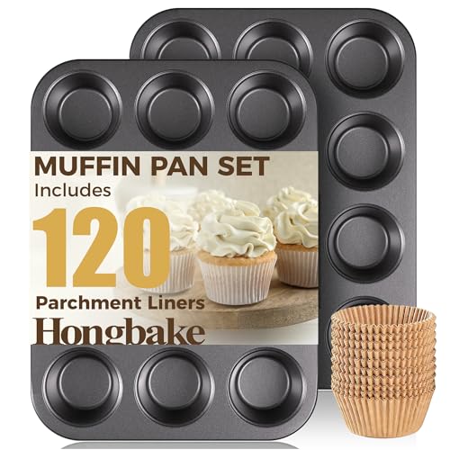 HONGBAKE Muffin Pans with 120 Natural Parchment Liners, Nonstick Cupcake Baking Tray for Oven, Premium Standard Size, 12 Cup, 2 Pack, Dark Grey