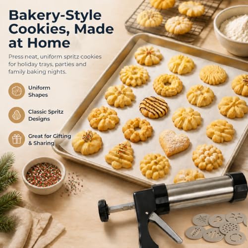 Loukaii Spritz Cookie Press Gun Kit - 24-piece cookie press set with 13 Discs & 8 Tips | Easy Squeeze for Butter Cookies, Cake Decorating | Ideal Holiday Baking & Gift for Home Bakers