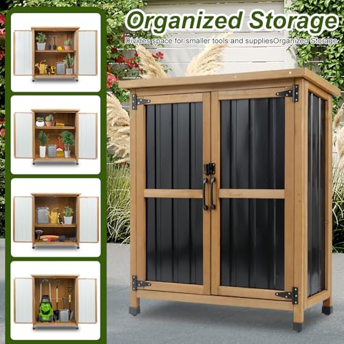 Ketive Outdoor Storage Cabinet, Wood & Metal Small Garden Tool Storage Cabinet with Weather-Resistant Asphalt Roof, Double Lockable Doors & Removable Shelves for Porch, Patio, Garden, Backyard