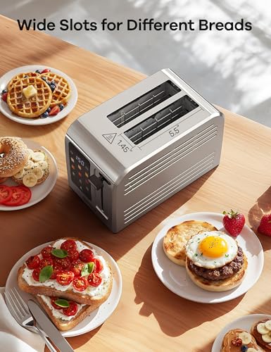 Ganiza Smart Toaster 2 Slice with Touchscreen, Digital Countdown Timer, Touch Screen Toaster Wide Slot, Full Stainless Steel, Defrost Reheat Cancel, +/-10s Fine-Tune, Removable Crumb Tray, Max 925W