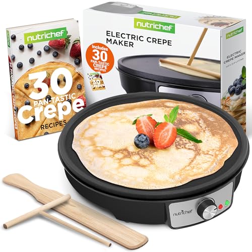 Nutrichef Electric Crepe Maker Pan & Griddle | 12 Inch Nonstick Cooktop | LED Indicators & Adjustable Temperature Control | Includes Spatula, Batter Spreader | Cooks Crepes, Roti & Pancakes
