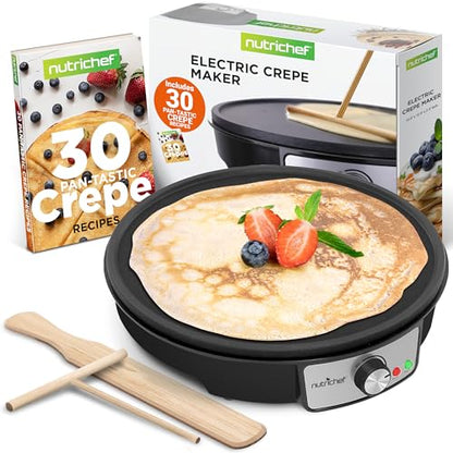 Nutrichef Electric Crepe Maker Pan & Griddle | 12 Inch Nonstick Cooktop | LED Indicators & Adjustable Temperature Control | Includes Spatula, Batter Spreader | Cooks Crepes, Roti & Pancakes