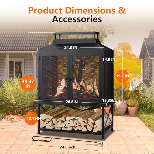 2-in-1 Metal Chiminea Fireplace with Grill,Wood Burning Outdoor Fireplace with Wood Storage, Chimney,Metal Mesh Spark Screen,and Fire Tongs Ideal for Yards,Patios, Gardens,Camping,and Picnics