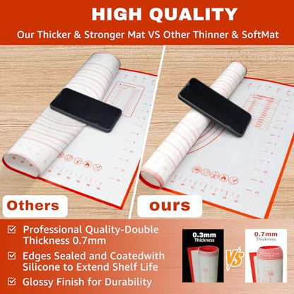 Silicone Baking Mat - 0.7mm New Upgraded Non-slip and Reusable Pastry Mat for Rolling Out Dough, Non Stick Silicone Mats with Measurements for Cookies, Macaroon, Bread, Pastry (Red)