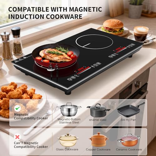 VBGK 2 burner Induction cooktop,110V 4000Winduction hot plate with touch Control,9 Power Levels, Kids Lock & Timer,LED touch control 2ourner induction cooker