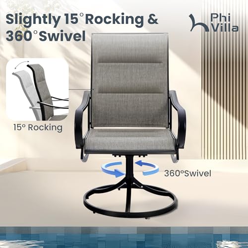 PHI VILLA Swivel Patio Dining Chairs Set of 2, Padded Textilene Mesh, Brown