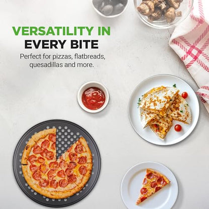NutriChef 12.8 Inch Nonstick Pizza Pan for Oven - Carbon Steel Pizza Baking Tray with Airflow Holes - Premium Bakeware for Fresh & Frozen Pizza, Dishwasher Safe - Gray