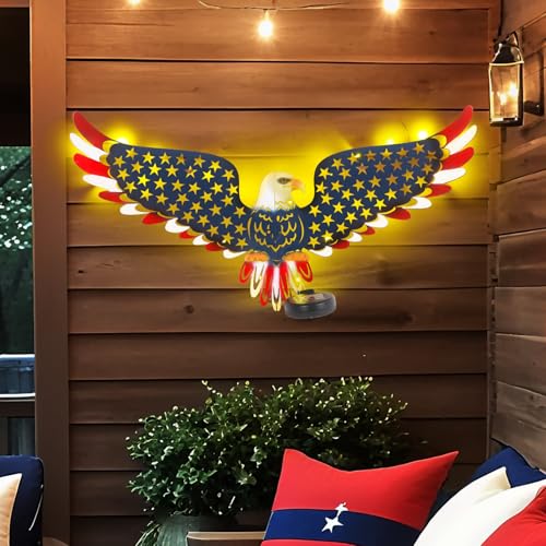23" American Eagle Metal Wall Art with Solar Lights Outdoor - 4th of July Decorations Outdoor | Led-lit Patriotic Sculpture with American Flag | Solar Powered Independence Day Decor for Yard & Porch