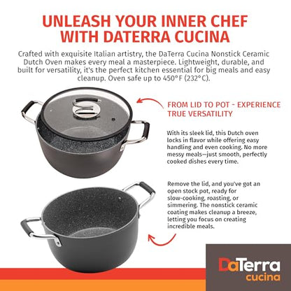 DaTerra Cucina – 8 Qt Nonstick Ceramic Dutch Oven with Lid – Large Oven Safe Stock Pot, Induction Compatible, Lightweight, Lead & PFOA Free, Volcanic Black, Durable Nonstick Cookware – Made in Italy