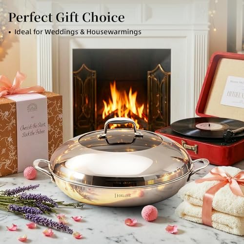 DELUXE Hybrid Ceramic Nonstick 14-Inch Frying Pan with Stainless Steel Lid, Dual Stay-Cool Handles, Dishwasher-Safe, Induction Ready, Compatible with All Cooktops