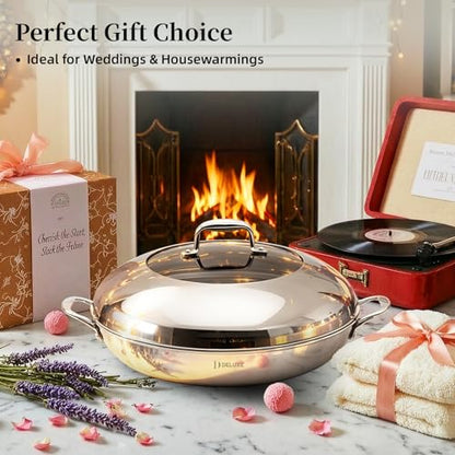 DELUXE Hybrid Ceramic Nonstick 14-Inch Frying Pan with Stainless Steel Lid, Dual Stay-Cool Handles, Dishwasher-Safe, Induction Ready, Compatible with All Cooktops