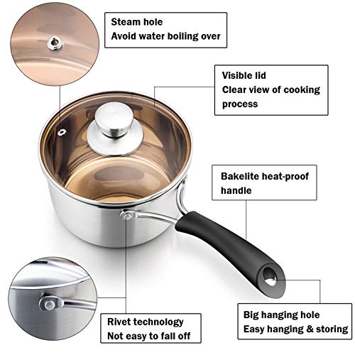P&P CHEF 2 Quart Saucepan Small Pot, Stainless Steel Saucepan with Lid, Small Sauce Pan for Home Kitchen Restaurant Cooking, Visible Glass lid & Bakelite Heat-Proof Handles,Dishwasher Safe, 1 Pc