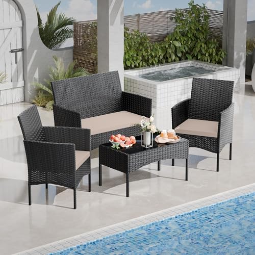 RTDTD 4 Pieces Patio Furniture Set Outdoor Conversation Set Rattan Furniture Set Wicker Chairs and Sofa with Glass Table for Porch Pool Backyard Garden Sand