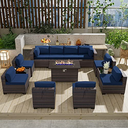 RTDTD 13 Pieces Outdoor Patio Furniture Set,Outdoor Sectional Furniture with 43" 55000 BTU Gas Propane Fire Pit Table,PE Rattan Wicker Patio Conversation Set with 10 Thickened Cushions,Navy Blue