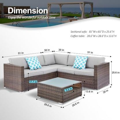 HOMEZILLIONS 6 Piece Outdoor Patio Furniture Sets, Modular Wicker Sectional Patio Furniture with Tempered Glass Coffee Table, Outdoor Sectional Sofa Set for Backyard, Poolside, Deck