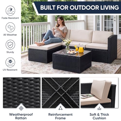 Greesum 3 Piece Patio Furniture Set Outdoor Wicker Rattan Sectional Sofa with Adjustable Seat, Soft Cushions & Coffee Table for Yard, Garden, Porch, Poolside, Beige