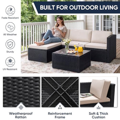 Greesum 3 Piece Patio Furniture Set Outdoor Wicker Rattan Sectional Sofa with Adjustable Seat, Soft Cushions & Coffee Table for Yard, Garden, Porch, Poolside, Beige