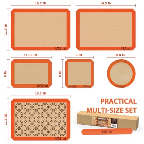 MMmat Silicone Baking Mats - Best German Silicone, Non Slip Baking Sheet, Non Stick Reusable Silicone Mats For Baking, Food Grade Oven Liner, Counter Mat, Set of 6