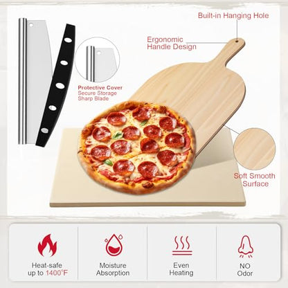 Acellegic Pizza Stones 3 Pcs Set 15 x 12 Inch Large Cordierite Stone Set for Oven and Grill with Pizza Peel, Stainless Steel Cutter Rocker for Baking, Bread, BBQ(Rectangle)